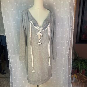 Casual Grey Lace-Up Midi Dress with Hood